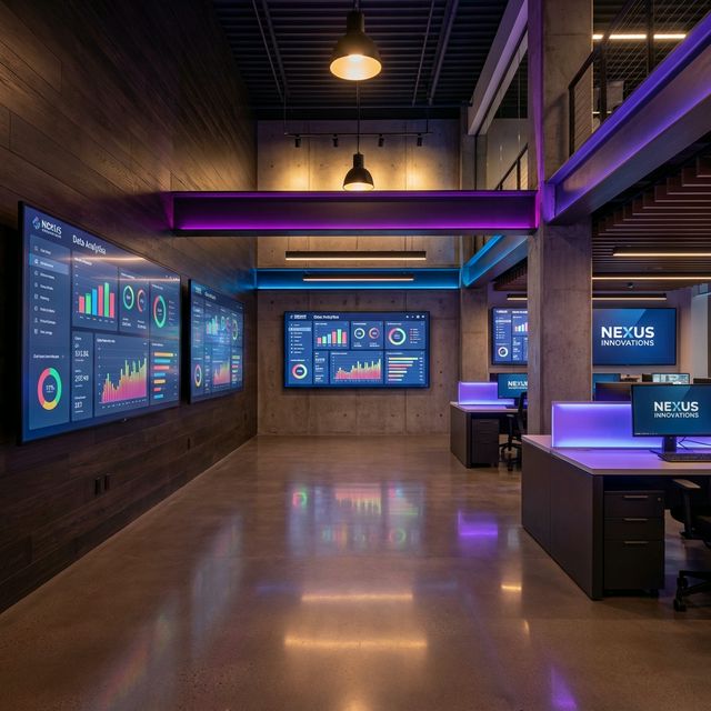 Modern office space with digital displays